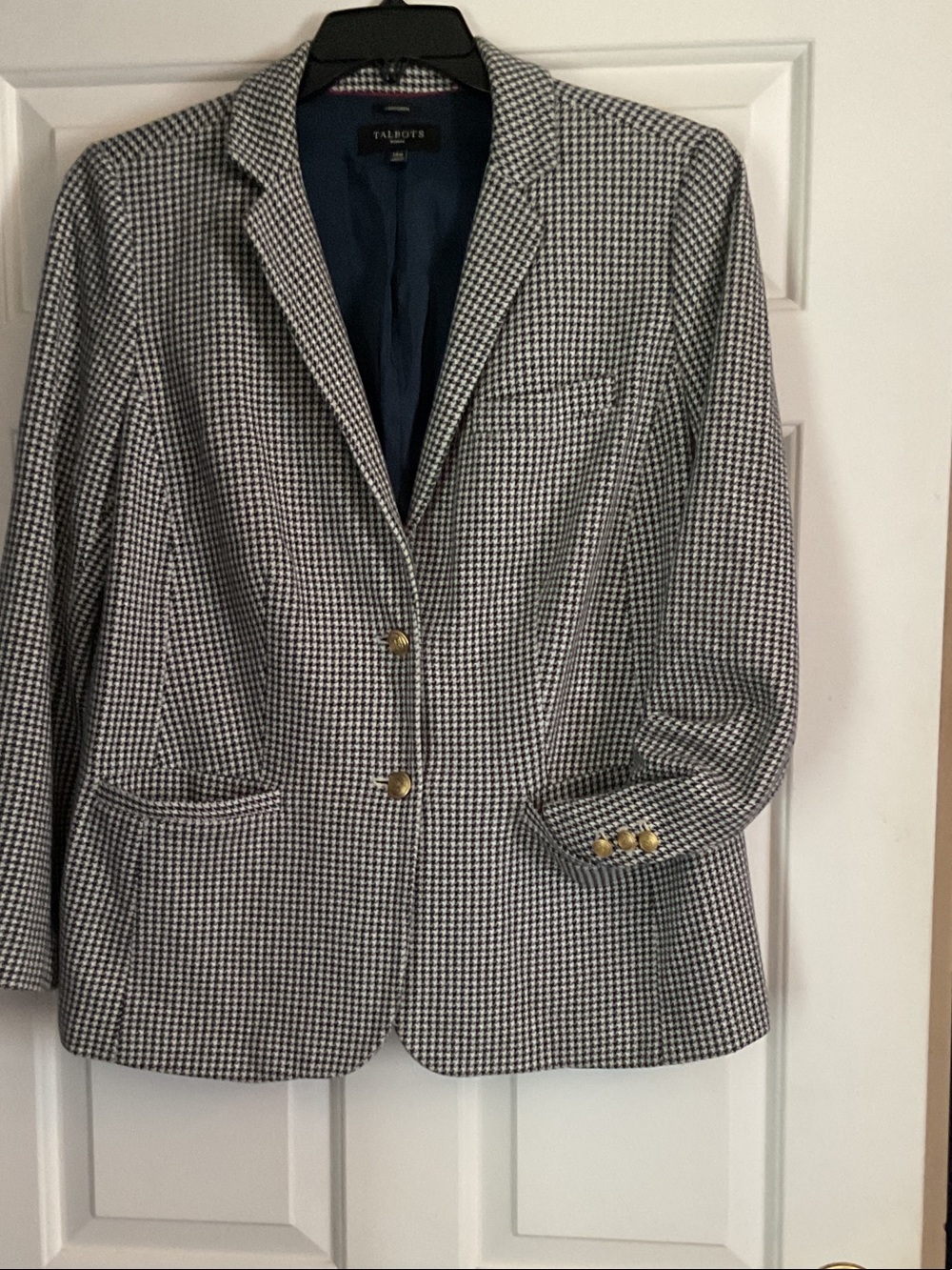 Talbots Navy and White Houndstooth Blazer with Gold Buttons